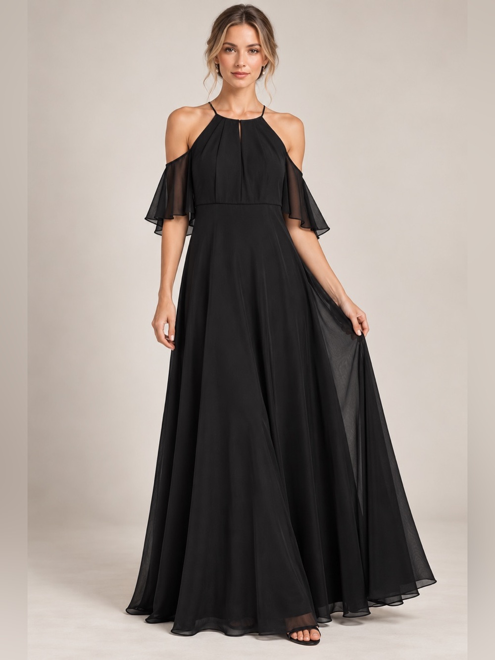 AW Bridal Dress Womens Plus Sz 20 Black Chiffon Cold Shoulder Maxi Evening Gown